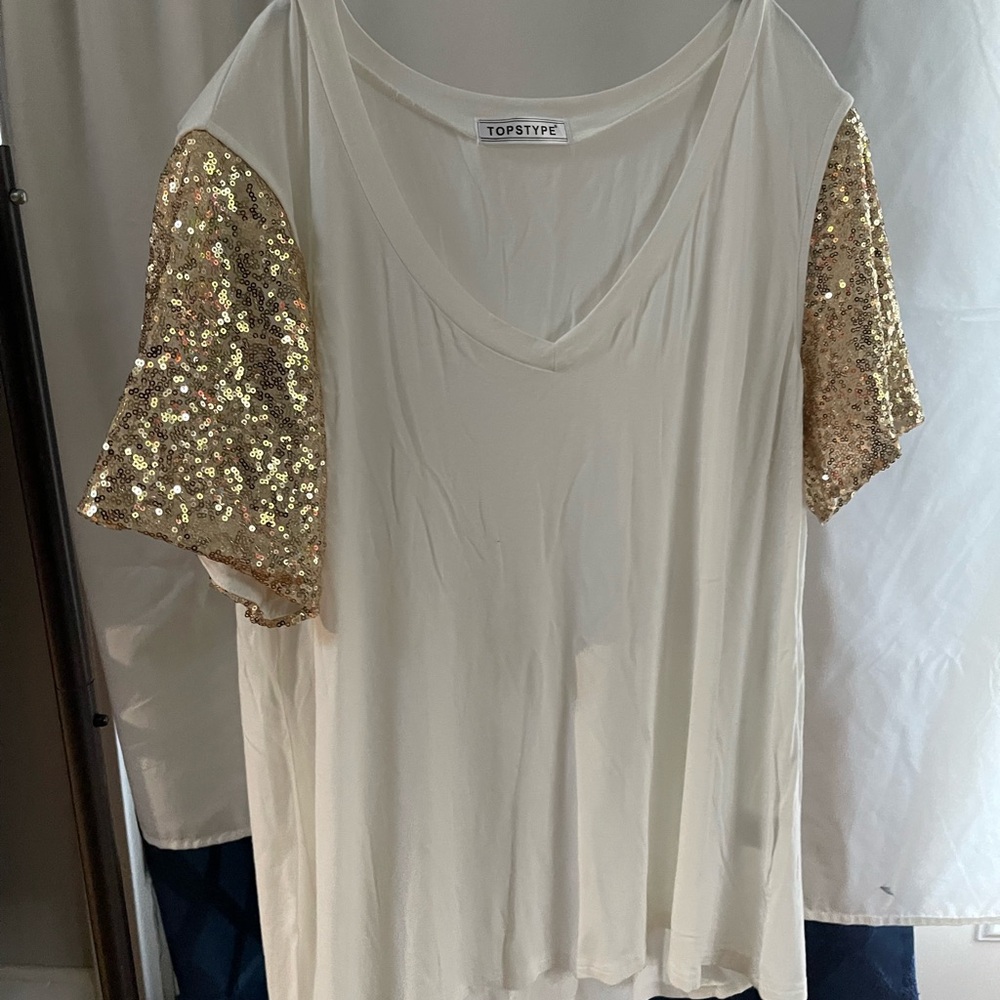 Women's Cream and Gold Sequin Sleeve Top
